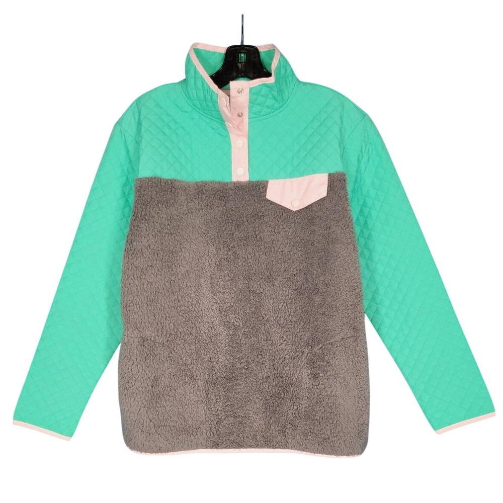 CABANA Crown & Ivy COLORBLOCK Quilted SHERPA 1/2-Snap POCKETS Pullover Jacket S